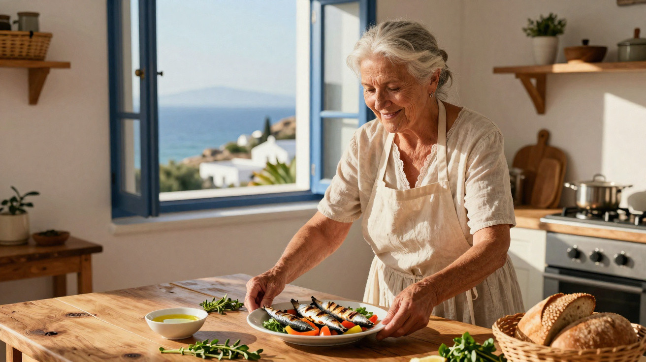 Mulher idosa sorridente preparando prato com legumes grelhados em cozinha iluminada com vista para o mar.