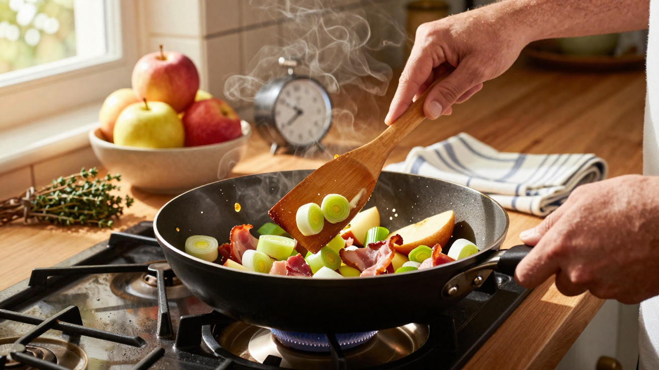 Pessoa mexendo alimentos com alho-poró e bacon em frigideira no fogão a gás em cozinha iluminada.