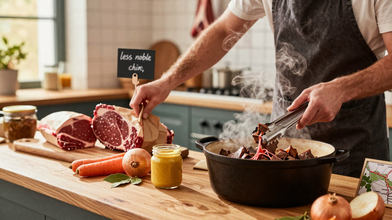 Pessoa com avental preto cozinha carne em panela fumegante com legumes e temperos sobre bancada de madeira.
