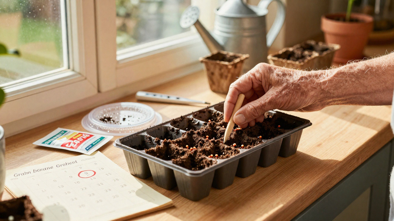 Mão plantando sementes em bandeja com terra ao lado de calendário, pacote e regador junto a janela.