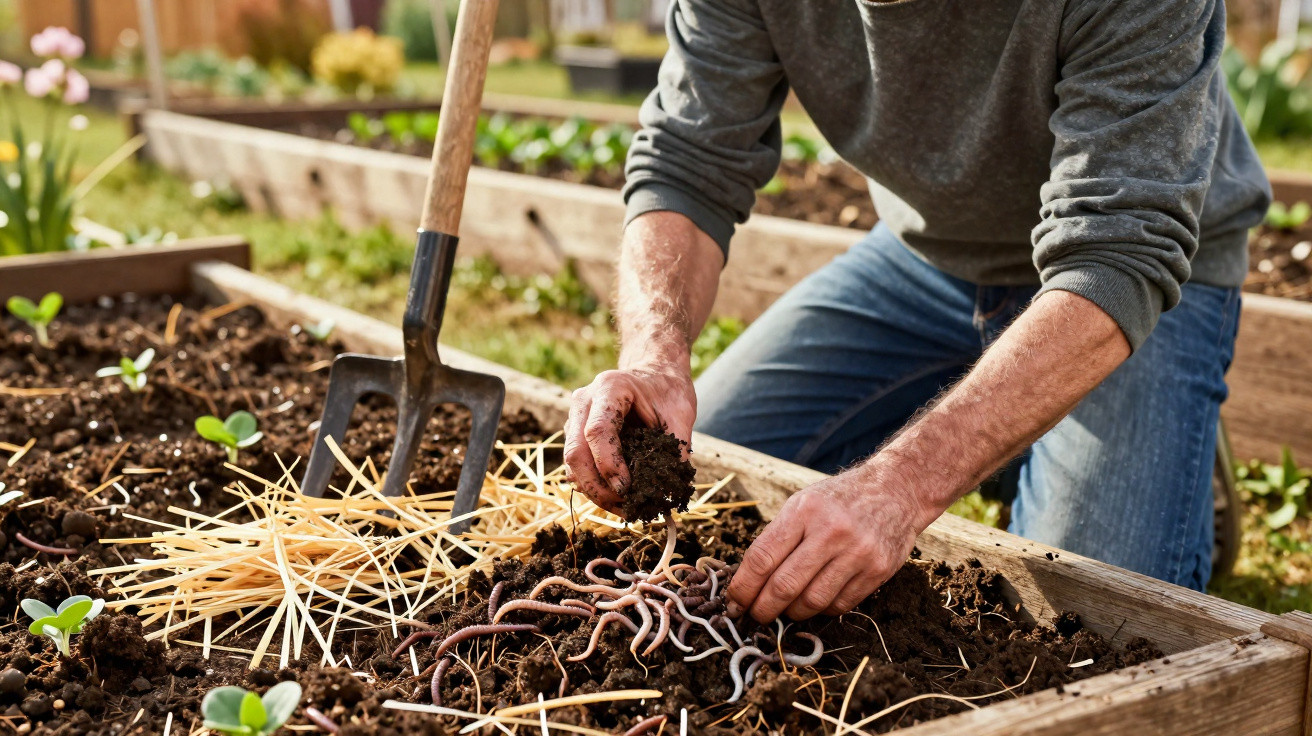Pessoa cultivando minhocas em canteiro de terra para compostagem no jardim.