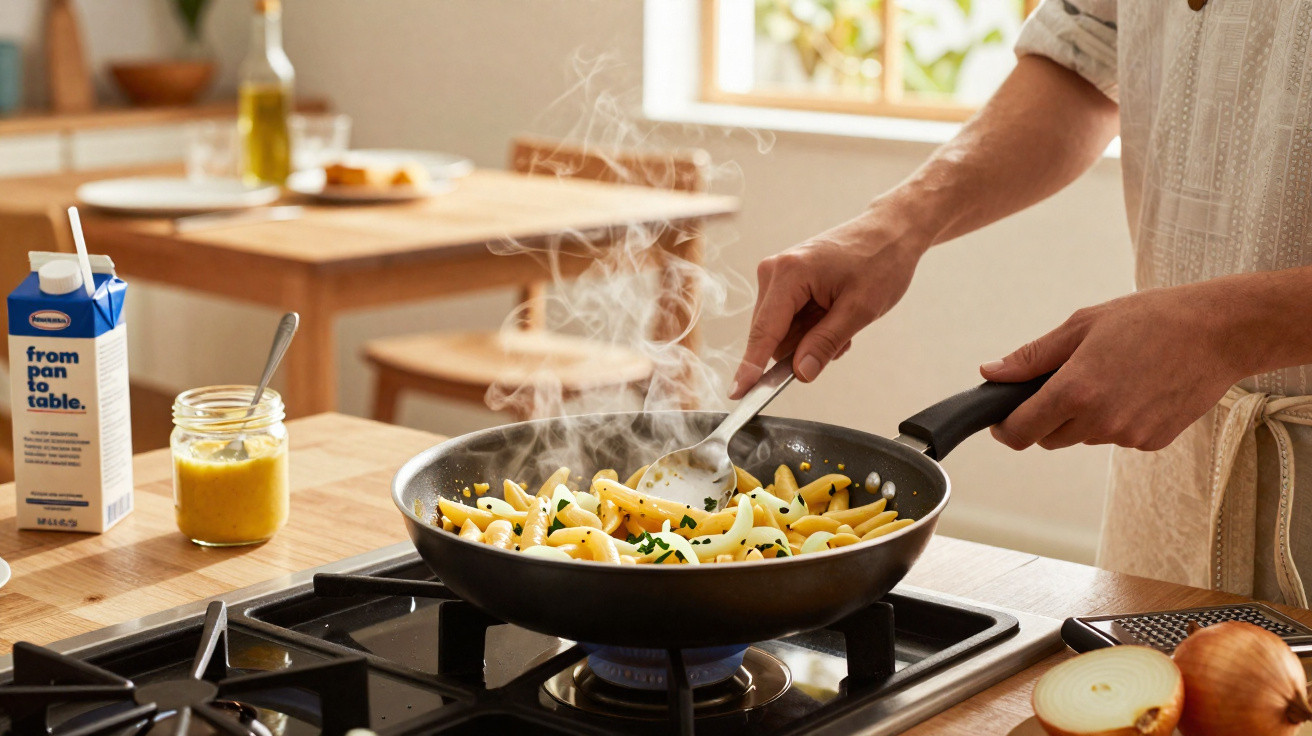 Pessoa mexendo macarrão penne com ervas em frigideira no fogão a gás em cozinha iluminada.