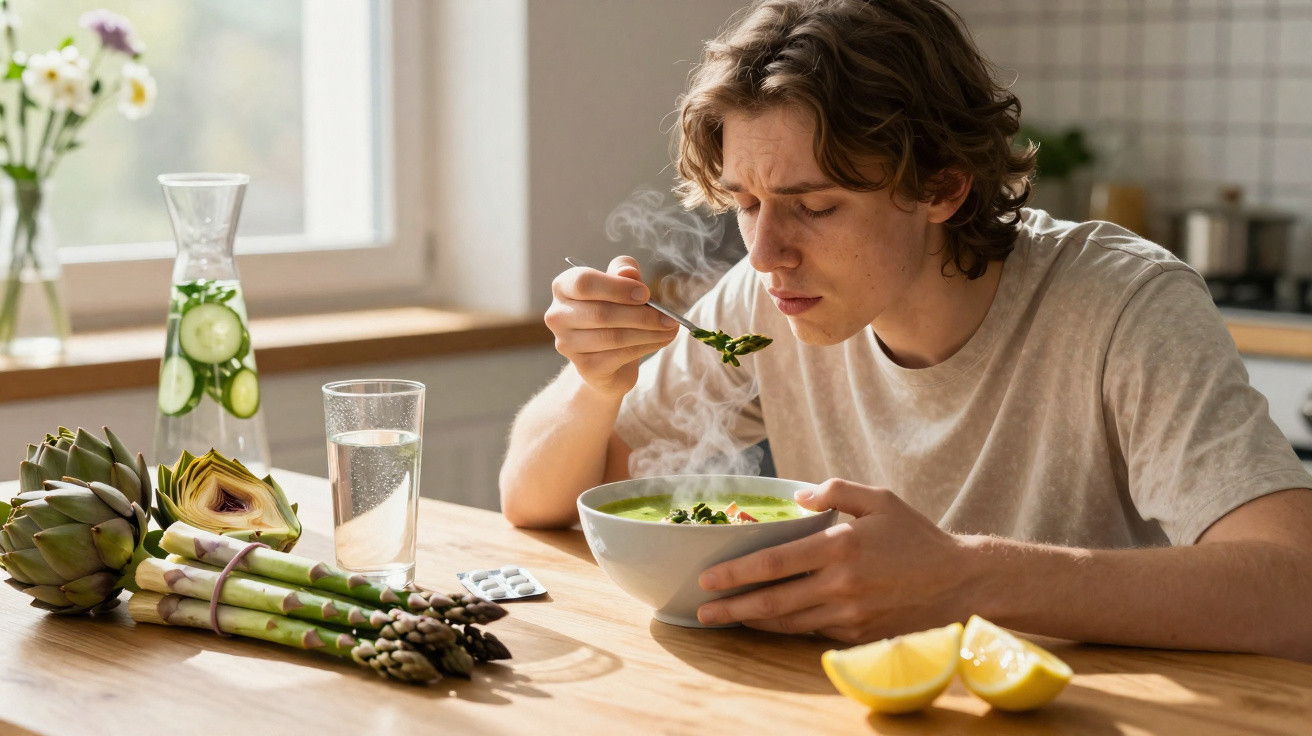 Homem jovem saboreando sopa quente de legumes em cozinha com aspargos, alcachofra e limão na mesa.