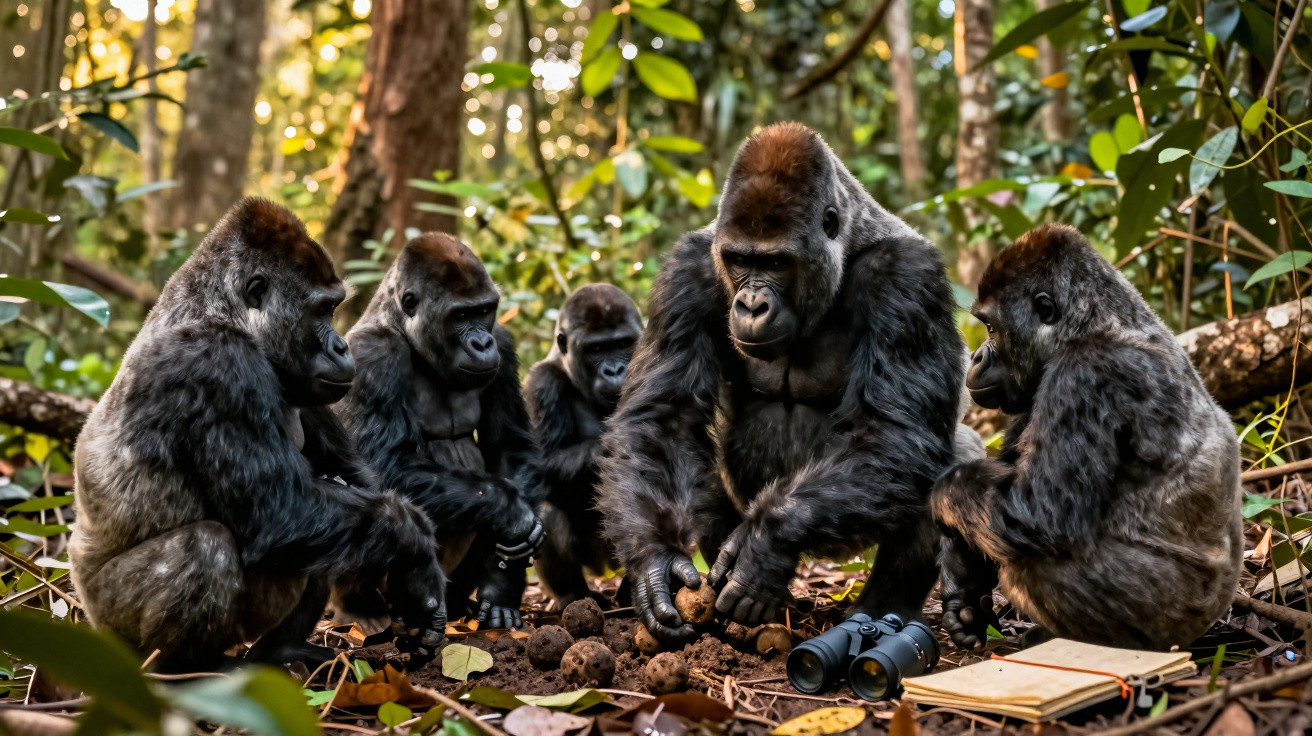 Grupo de cinco gorilas sentados na floresta próximos a binóculos e caderno aberto no chão.