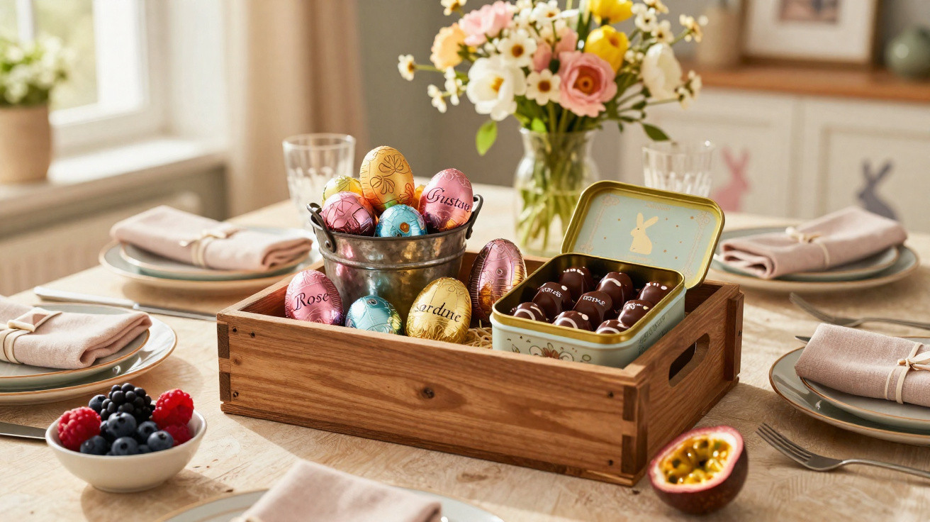 Cesta de madeira com ovos de Páscoa coloridos e bombons sobre mesa posta com flores e frutas.