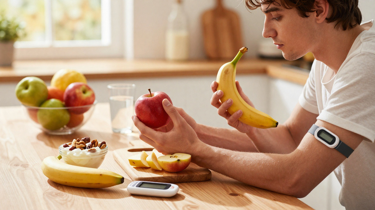 Jovem com sensor de glicose no braço segurando banana e maçã em cozinha com frutas e aparelho de medição.