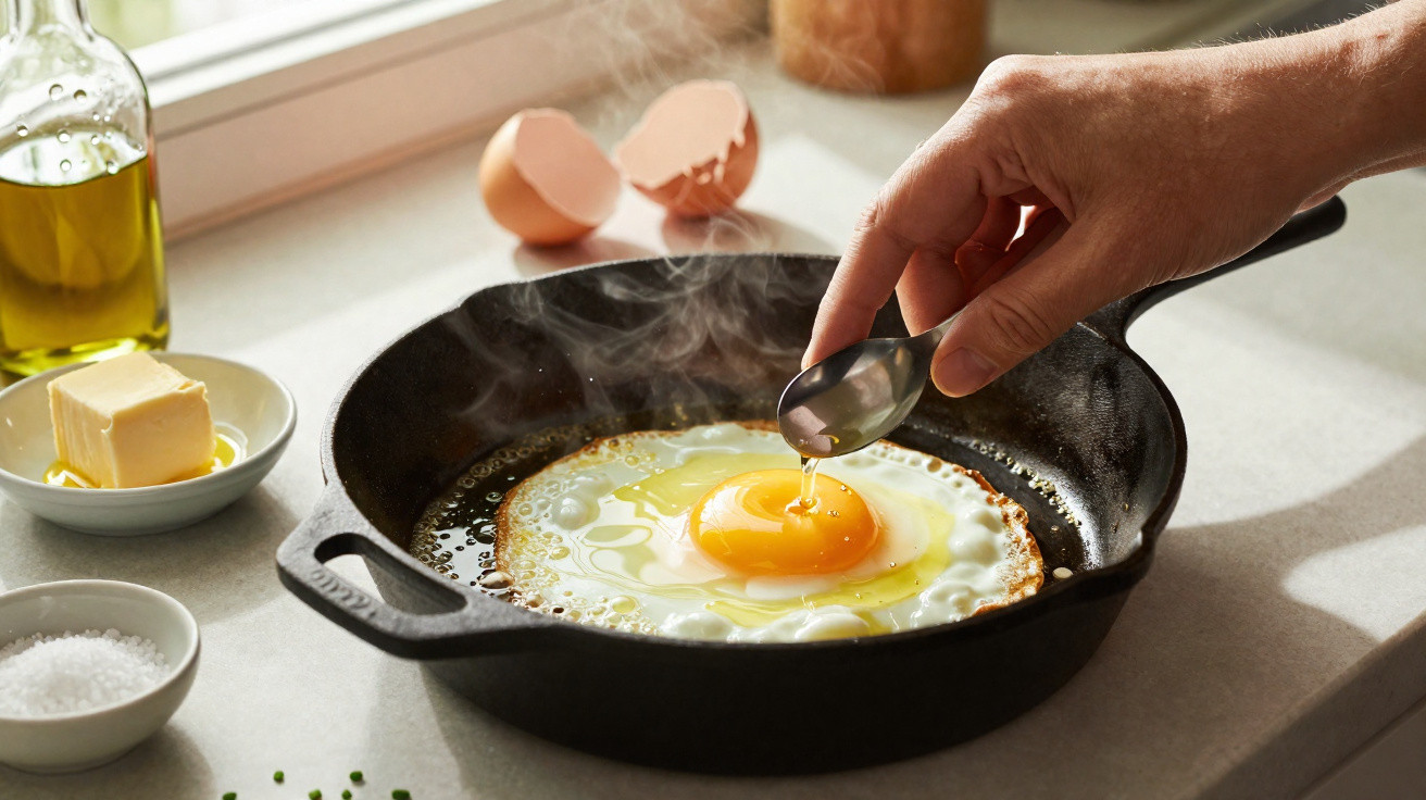 Mão adicionando óleo com colher em ovo frito em frigideira de ferro na cozinha iluminada.