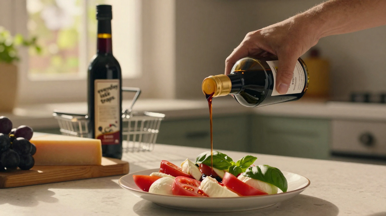 Mão derramando vinagre balsâmico em salada de tomate, mussarela e manjericão em prato branco.