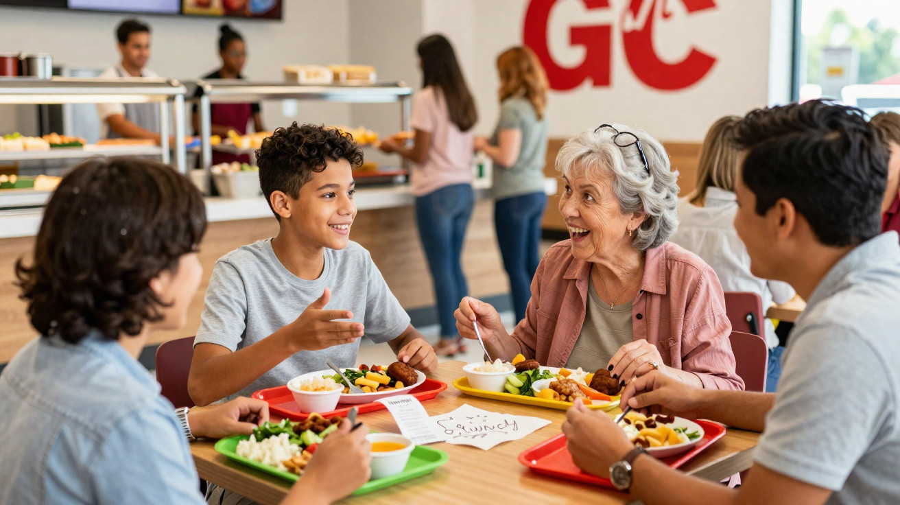Pessoas de diferentes idades conversando e comendo em refeitório coletivo iluminado e animado.