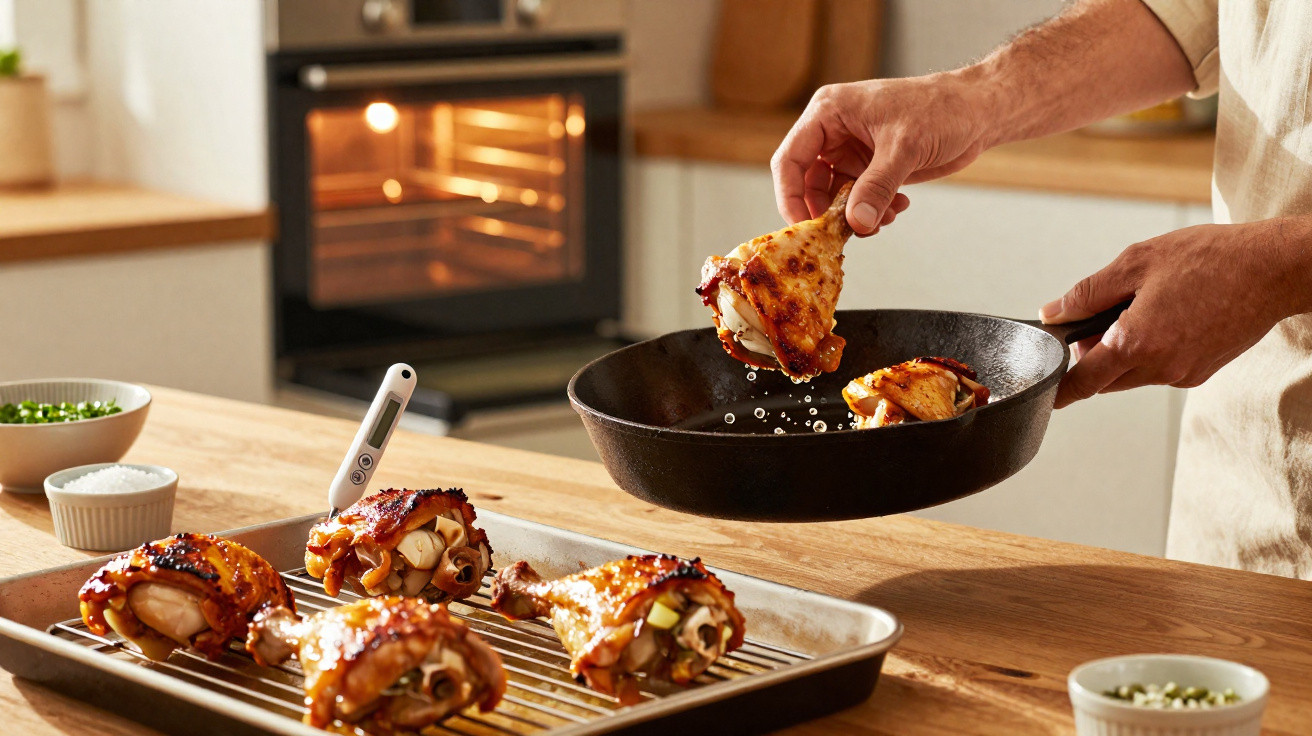 Pessoa temperando coxa de frango dourada em frigideira com forno e ingredientes ao fundo.
