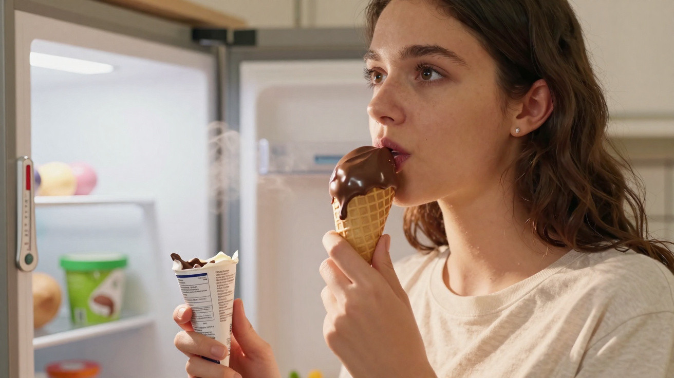Mulher com camiseta clara comendo sorvete de casquinha com cobertura de chocolate perto da geladeira aberta.