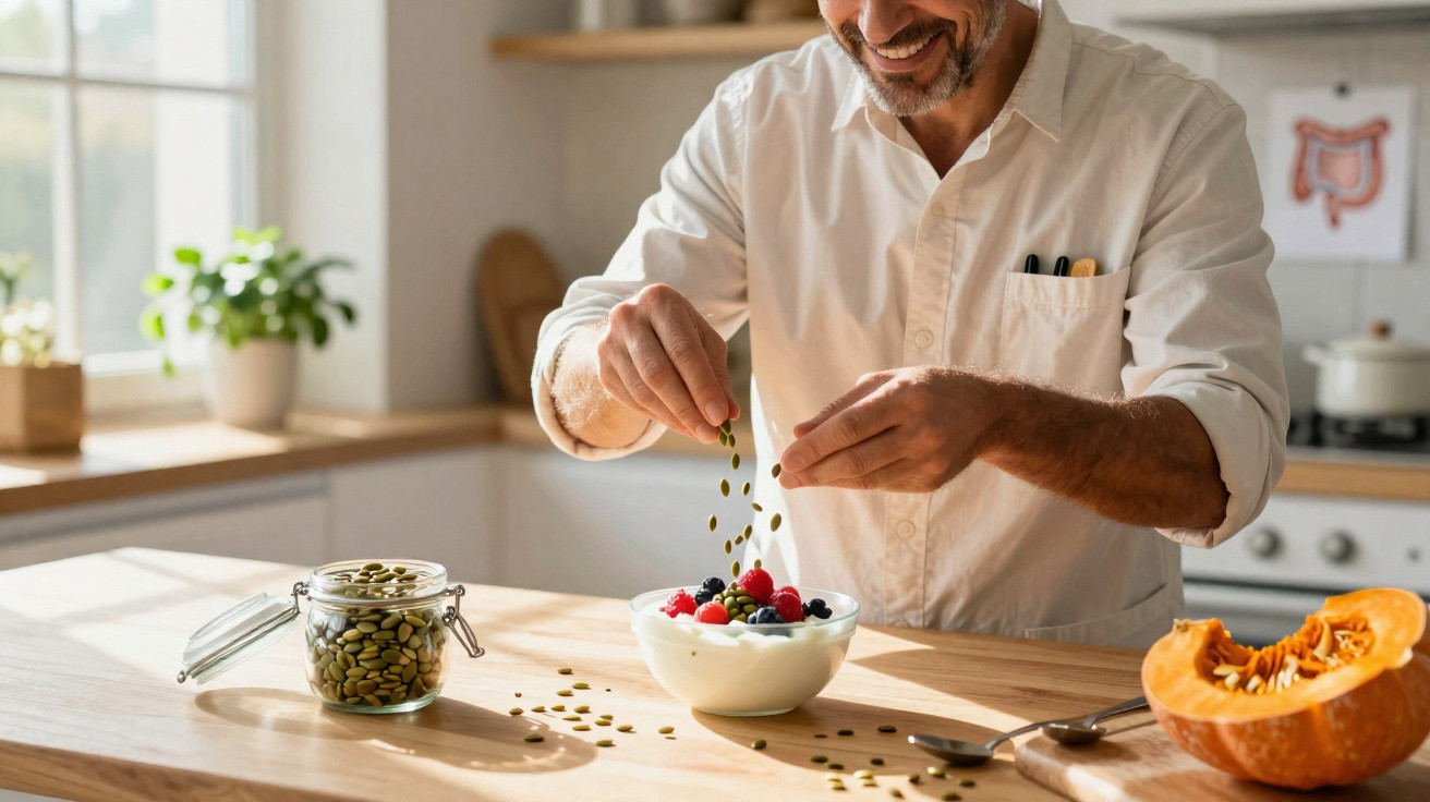 Homem preparando tigela de iogurte com frutas vermelhas e sementes em cozinha iluminada.