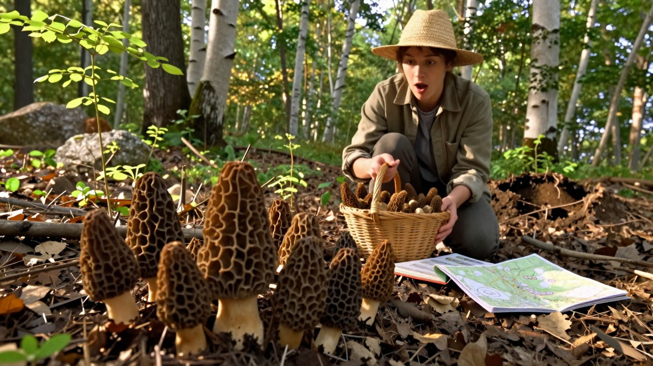 Pessoa colhendo cogumelos morchella em floresta com cesta e mapa no chão.