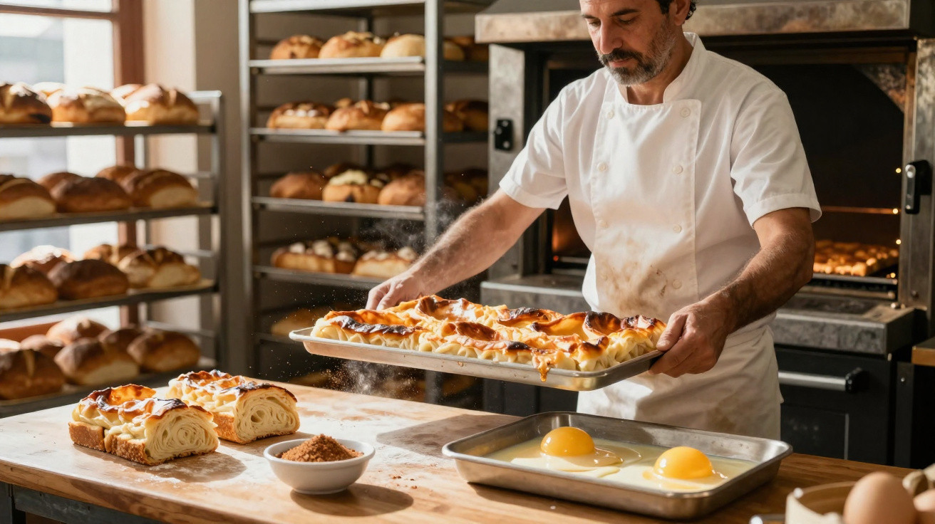Padeiro retirando fornada de doces do forno em padaria com várias prateleiras de pães ao fundo.