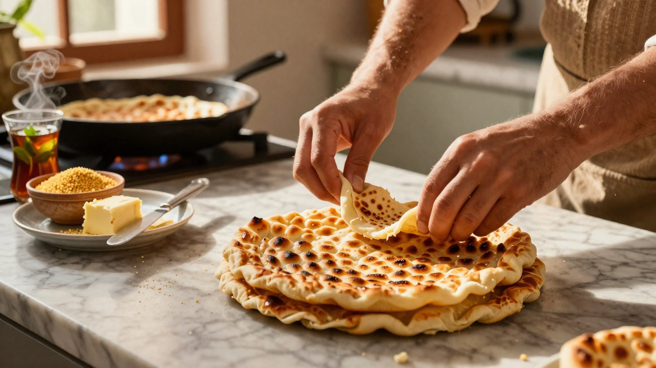 Pessoa preparando pão tradicional na cozinha com ingredientes e chá ao lado em bancada de mármore.