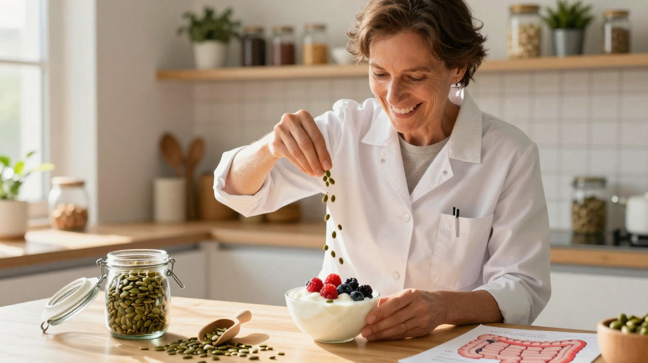 Mulher sorridente temperando iogurte com sementes em cozinha clara e organizada.