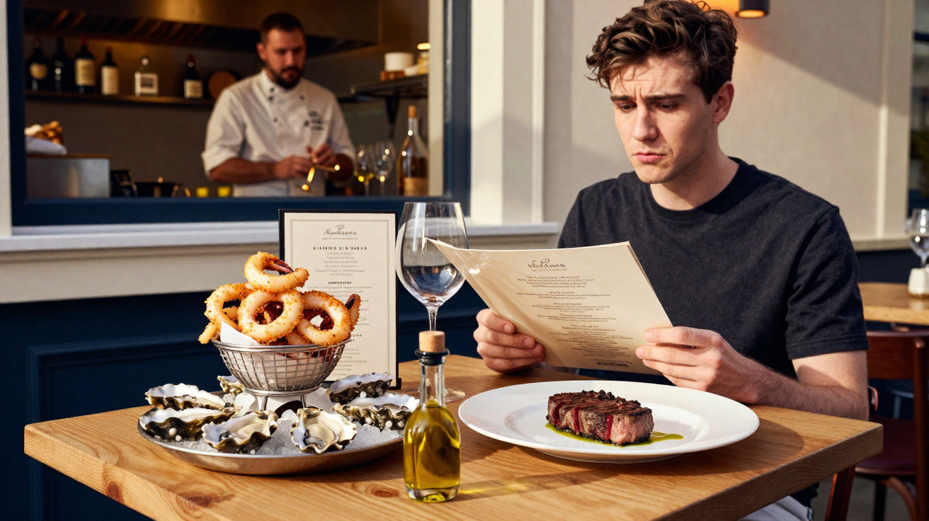 Homem lendo cardápio em restaurante com prato de carne, ostras, onion rings e garrafa de azeite na mesa.