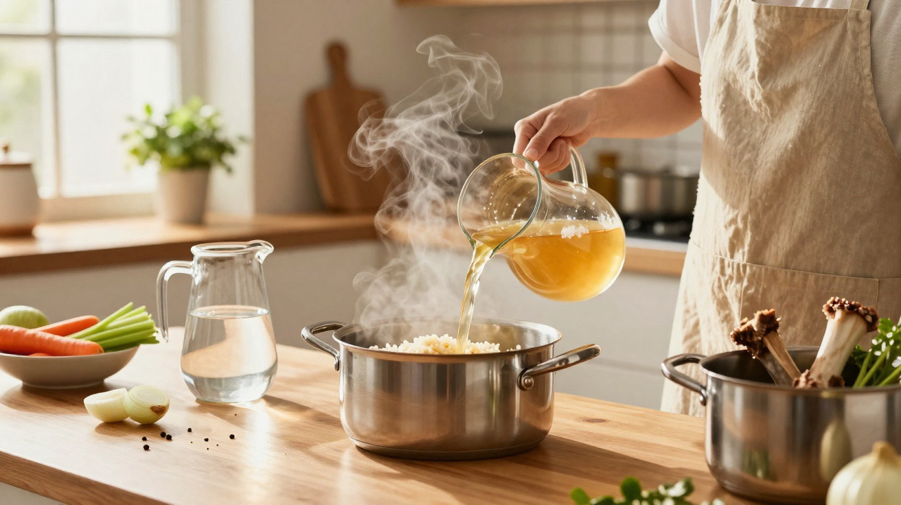 Pessoa vestindo avental despejando caldo em panela com arroz em cozinha iluminada e utensílios ao fundo.
