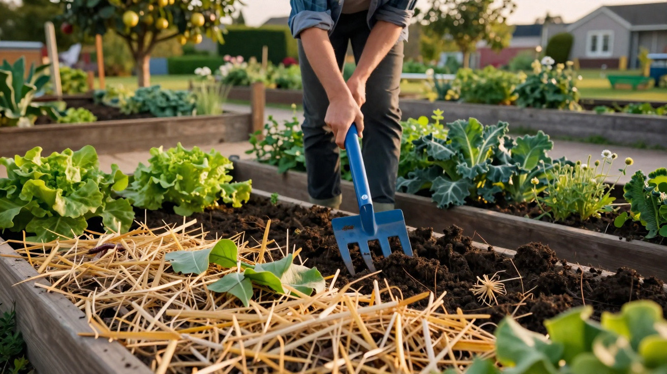 Pessoa usando ferramenta azul para preparar canteiro de terra em horta com plantas e palha.