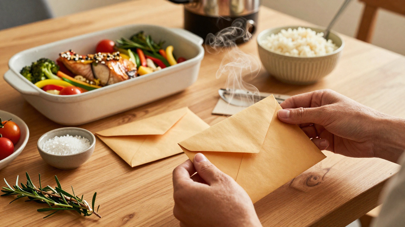 Pessoa segurando envelope marrom fechado com fumaça saindo, ao lado de pratos com comida sobre mesa de madeira.