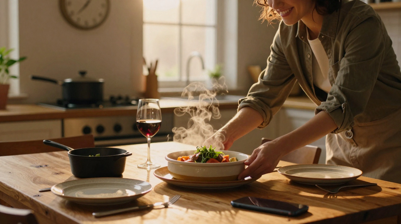Pessoa sorridente servindo comida quente em prato na mesa de madeira com taça de vinho tinto.