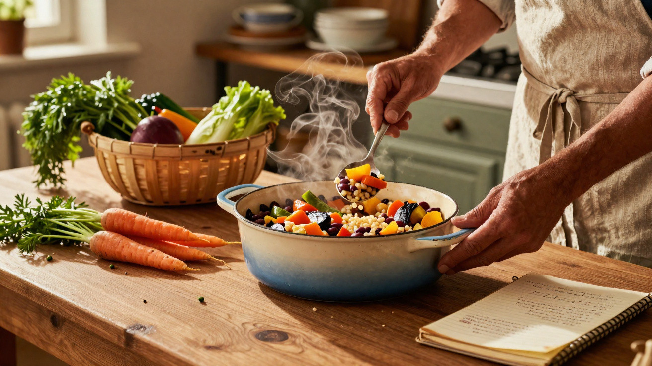 Pessoa mexendo cozido de legumes e feijões em panela na cozinha com caderno de receitas ao lado.