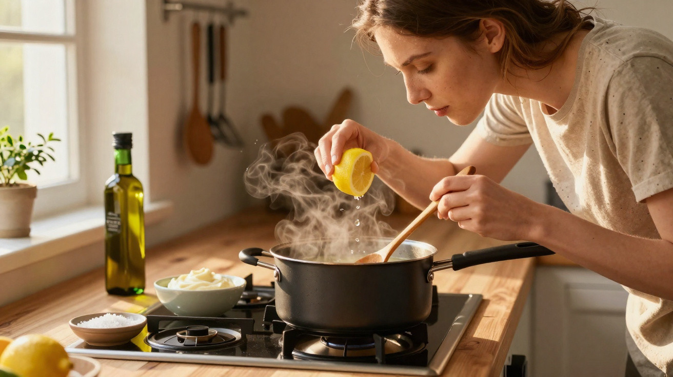 Mulher espremendo limão em panela com vapor na cozinha bem iluminada durante o dia.