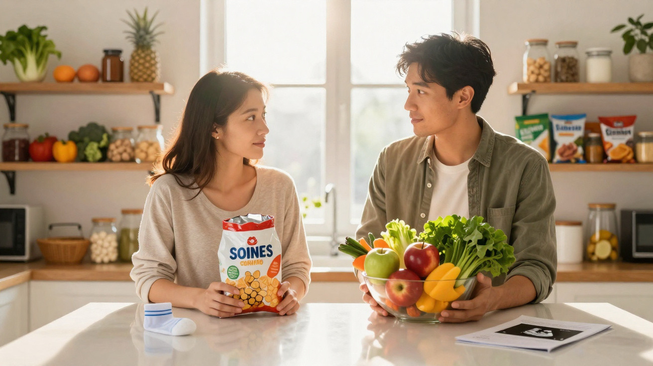 Casal jovem na cozinha com frutas, legumes e pacote de petiscos sobre bancada branca.