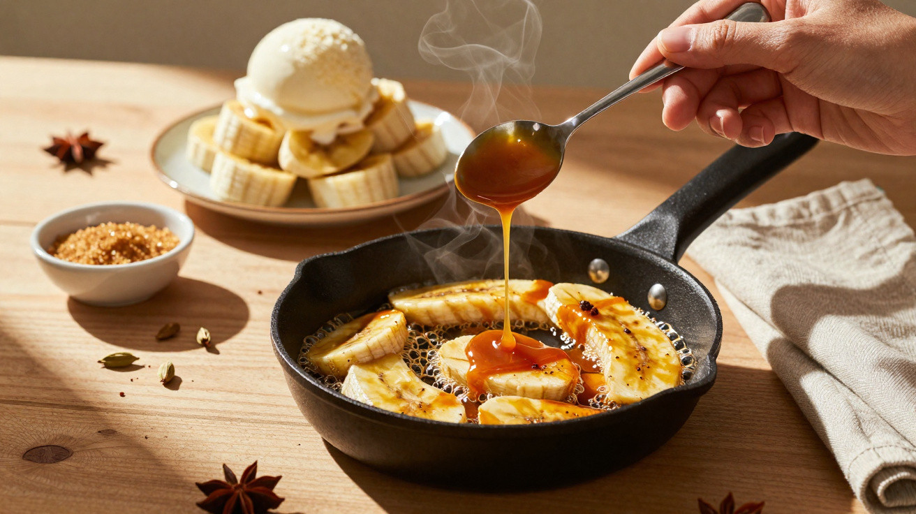 Banana caramelizada na frigideira com calda sendo derramada, acompanhada de sorvete e banana fatiada.