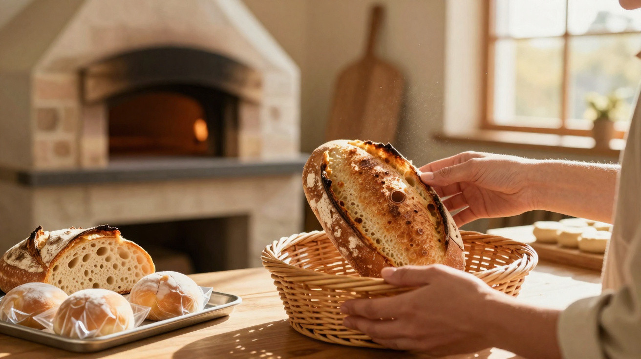 Pão artesanal sendo colocado em cesta, forno de pedra ao fundo e pães embalados em bandeja na mesa de madeira.
