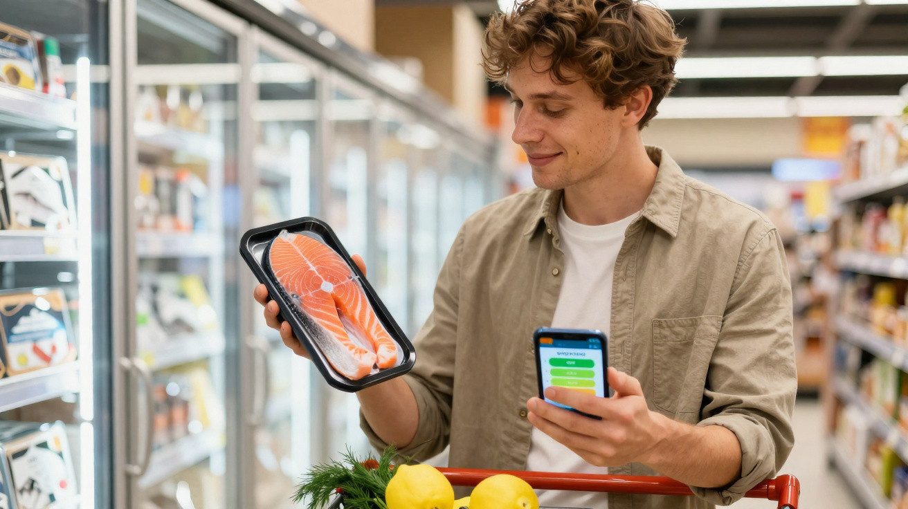 Homem em supermercado segurando embalagem de salmão e celular, com carrinho cheio de compras.