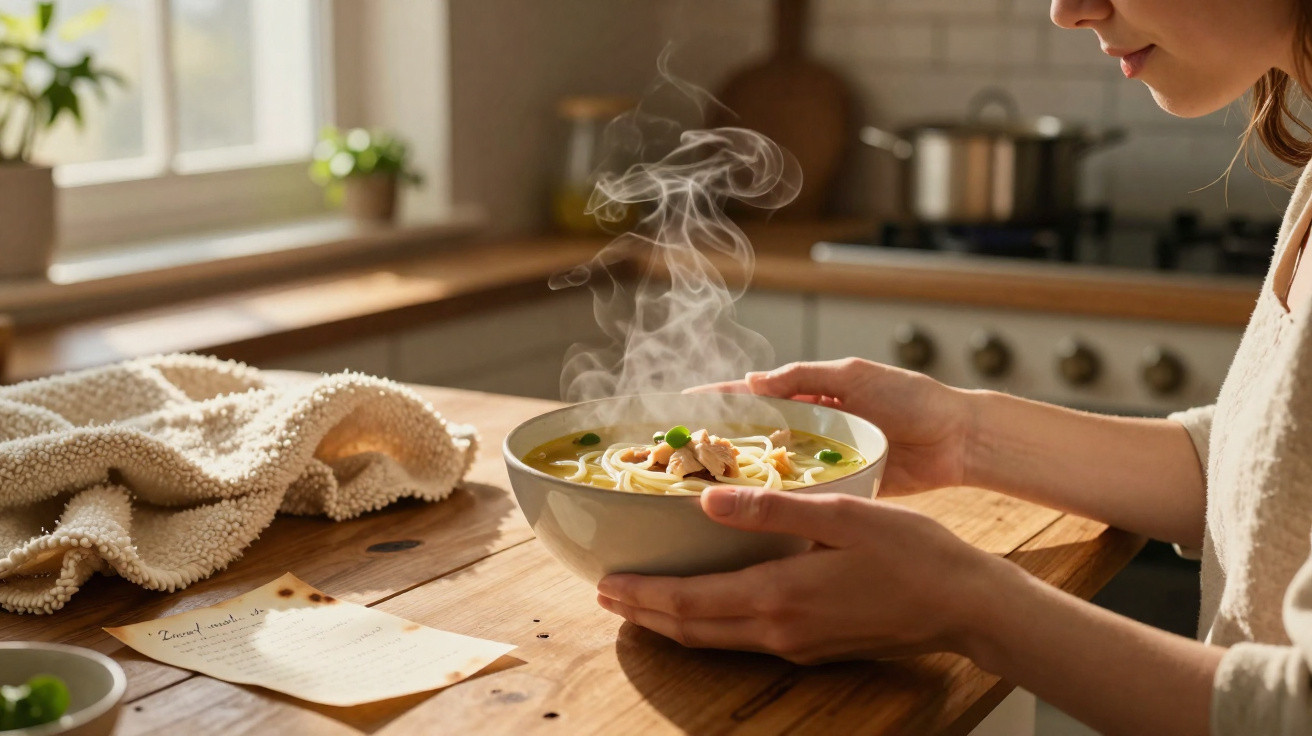 Pessoa segurando tigela de sopa quente com macarrão em cozinha iluminada pela luz natural.