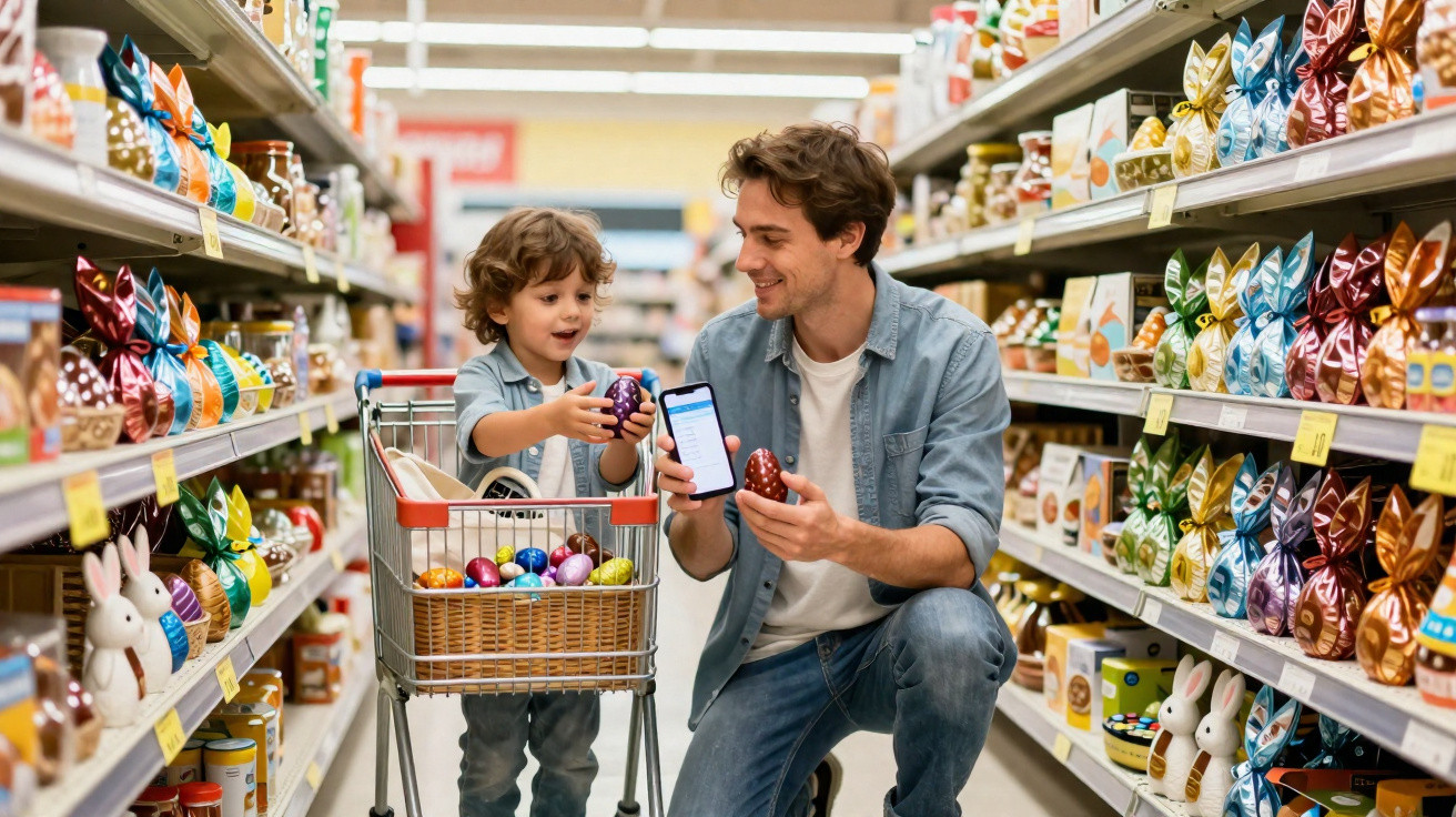 Pai e filho escolhendo ovos de Páscoa numa loja, com o menino no carrinho e pai mostrando o celular.