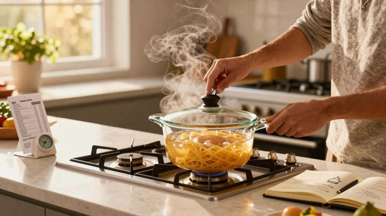 Pessoa tampando panela de vidro com macarrão cozinhando em fogão a gás em cozinha iluminada.