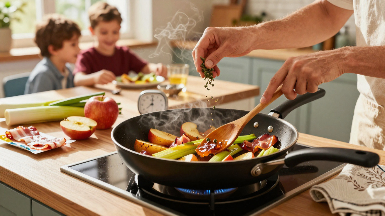 Pessoa temperando legumes e frutas em frigideira enquanto duas crianças comem ao fundo na cozinha.