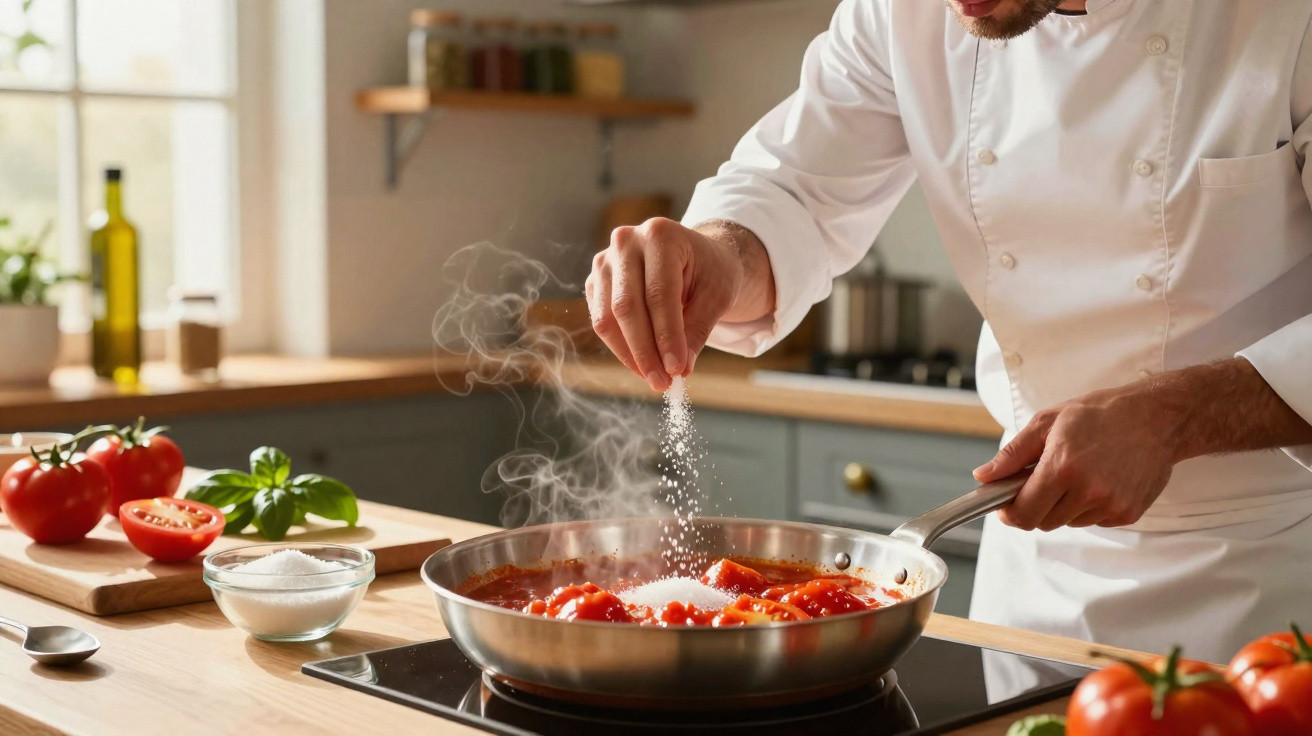Chefe salpicando sal em molho de tomate fresco fervendo em frigideira na cozinha.