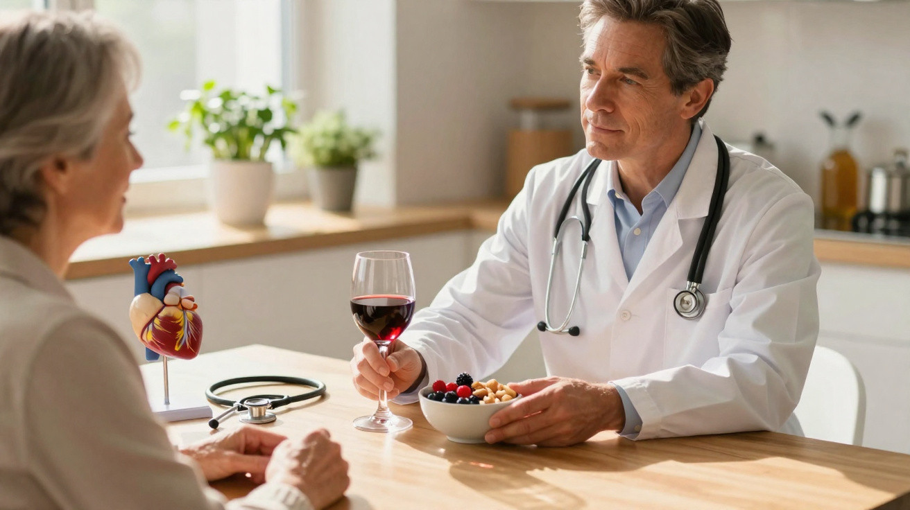 Médico conversa com paciente e segura taça de vinho tinto, com alimentos saudáveis na mesa.
