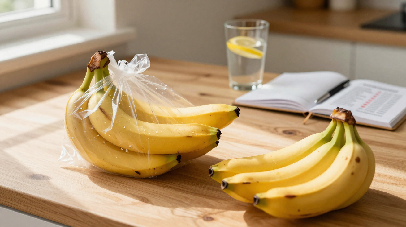 Cacho de bananas, um dentro de saco plástico e outro sobre mesa de madeira, com copo e caderno ao fundo.