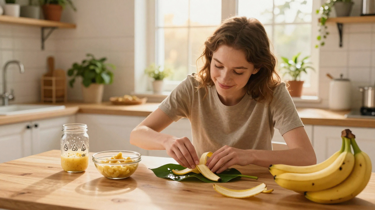 Jovem mulher descascando banana em cozinha iluminada, com cacho de bananas e potes com frutas na mesa de madeira.