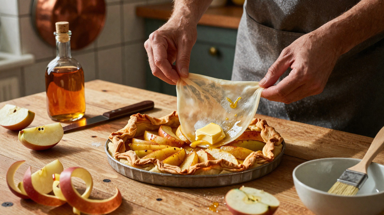 Pessoa preparando torta de maçã, esticando massa sobre fatias e manteiga, em bancada de madeira.