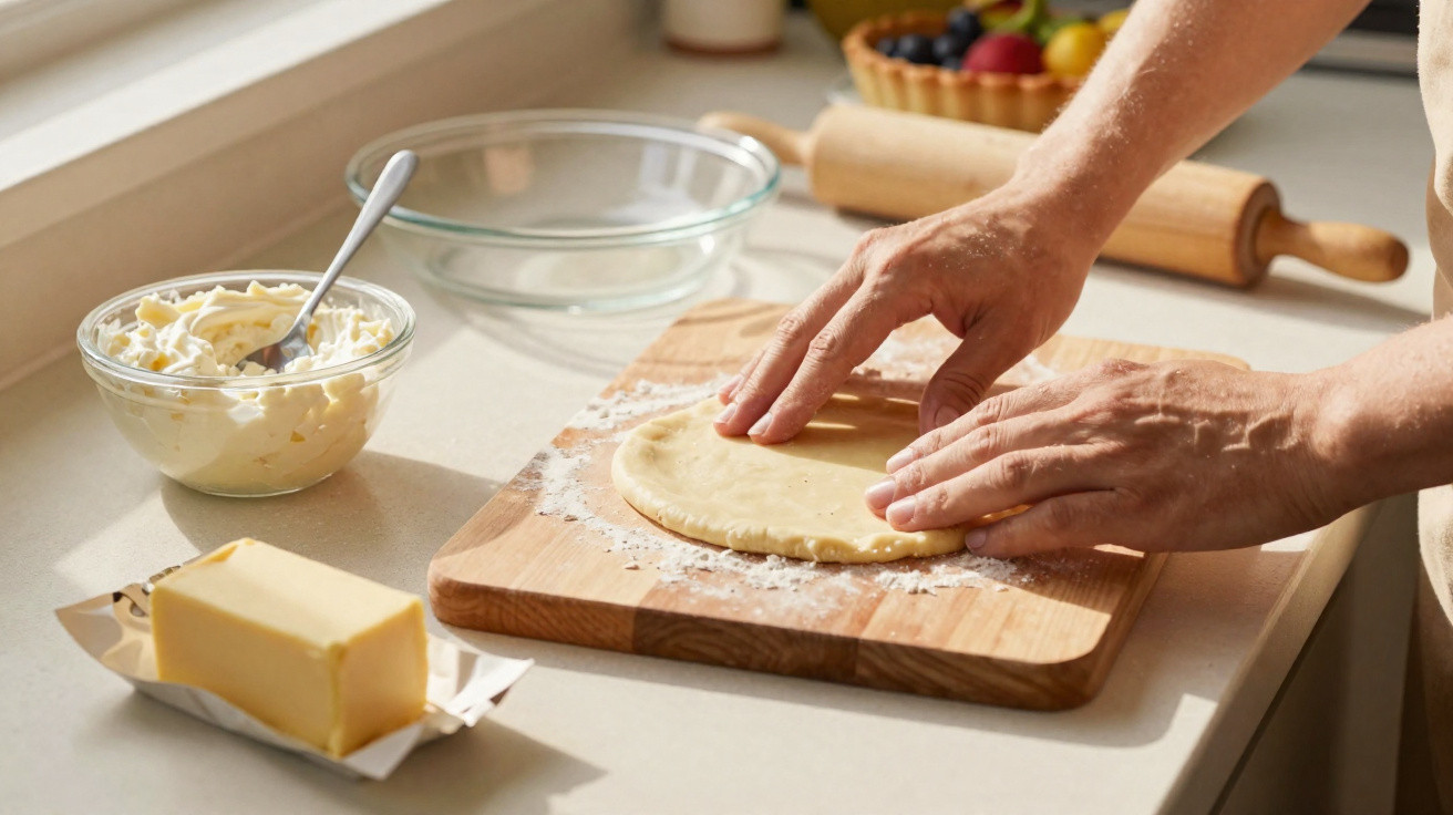 Mãos espalhando massa sobre tábua de madeira em cozinha, com manteiga e creme em recipientes.