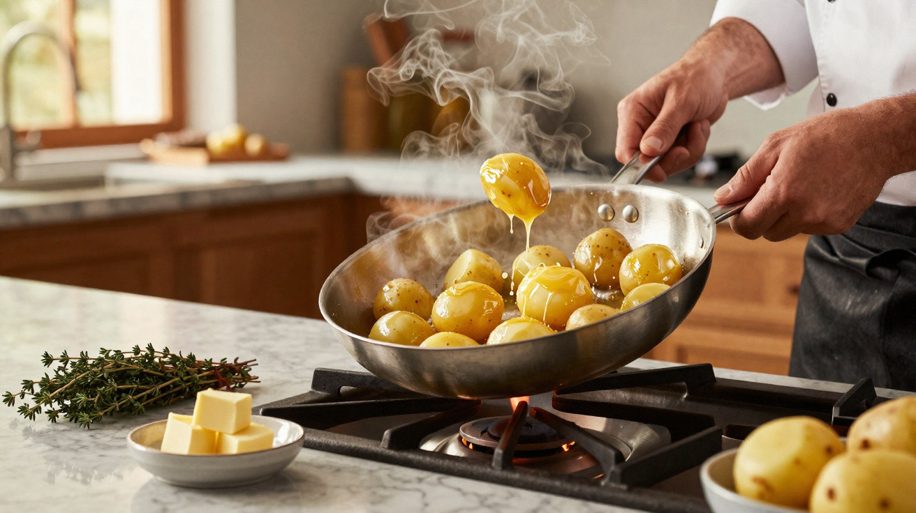 Mãos cozinhando batatas novas em frigideira com manteiga derretida em fogão a gás em cozinha moderna.