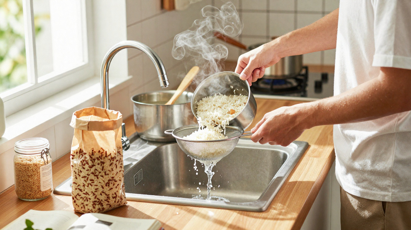 Pessoa lavando arroz em uma peneira sobre a pia de cozinha com vapor saindo do arroz quente.