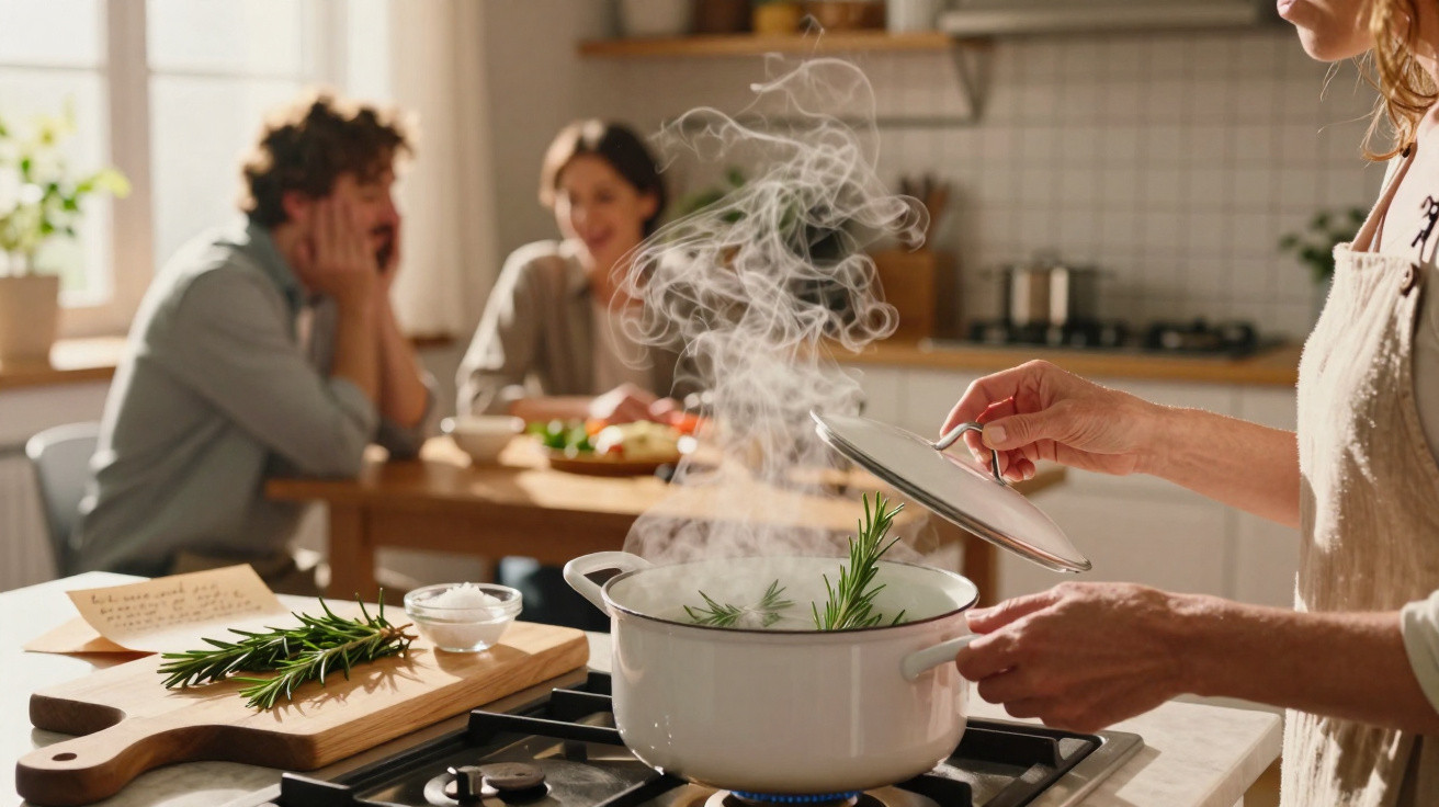 Pessoa tampando panela com cheiro de alecrim na cozinha enquanto casal conversa ao fundo.