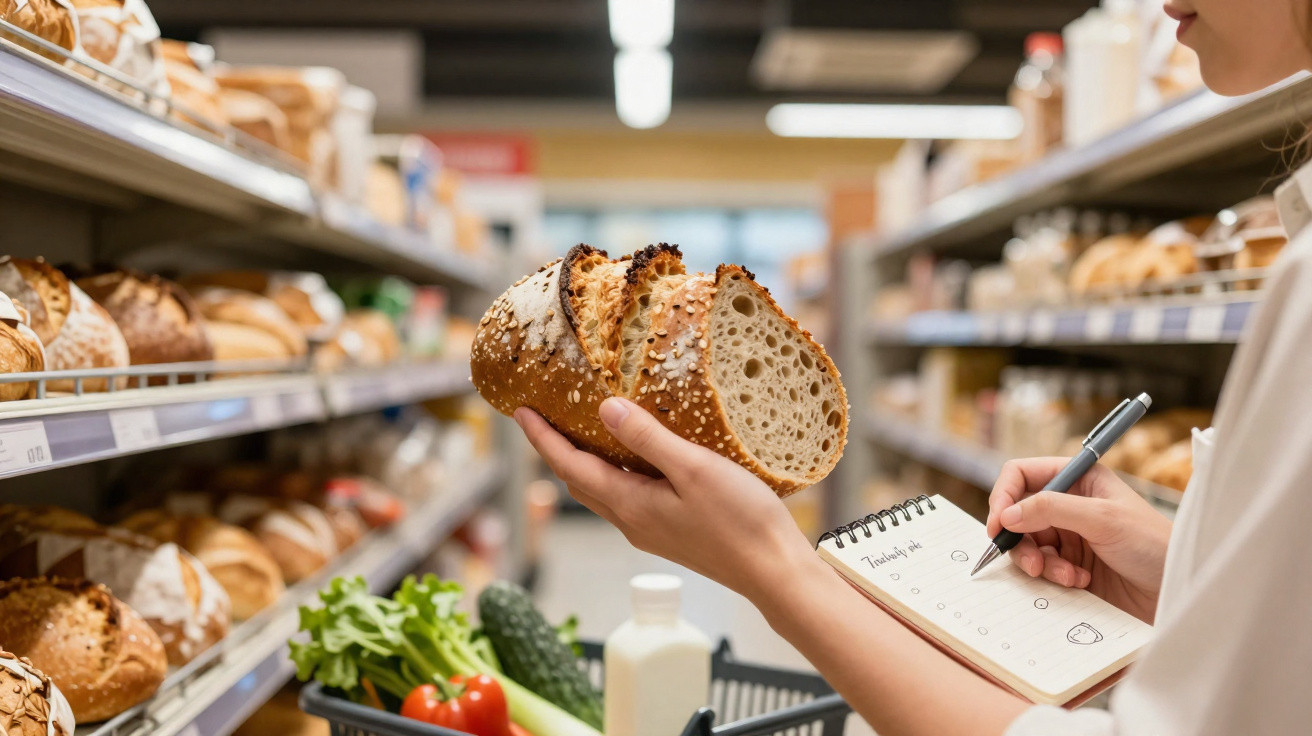Pessoa com cesta de compras segura pão com sementes e anota lista de compras em supermercado.