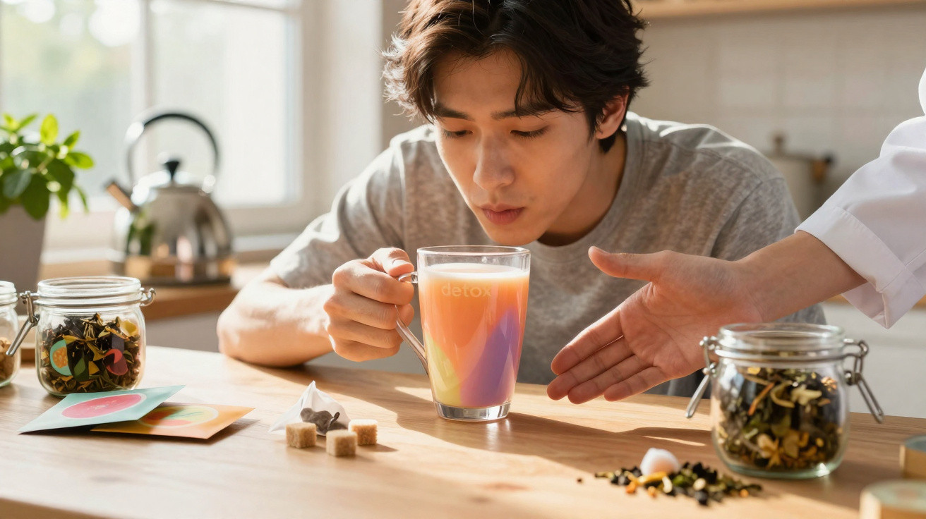 Homem segurando e cheirando uma xícara com chá detox em cozinha iluminada.