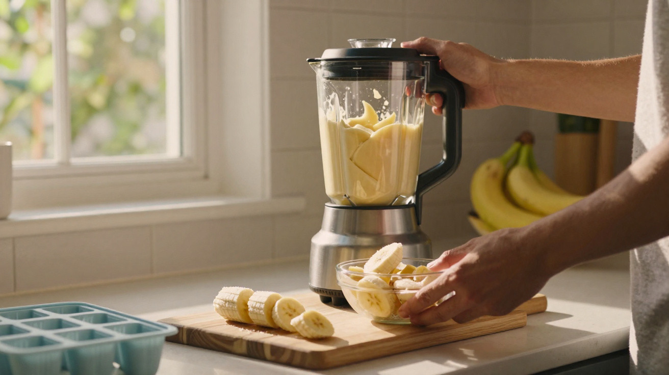 Pessoa preparando vitamina de banana em liquidificador na cozinha iluminada.