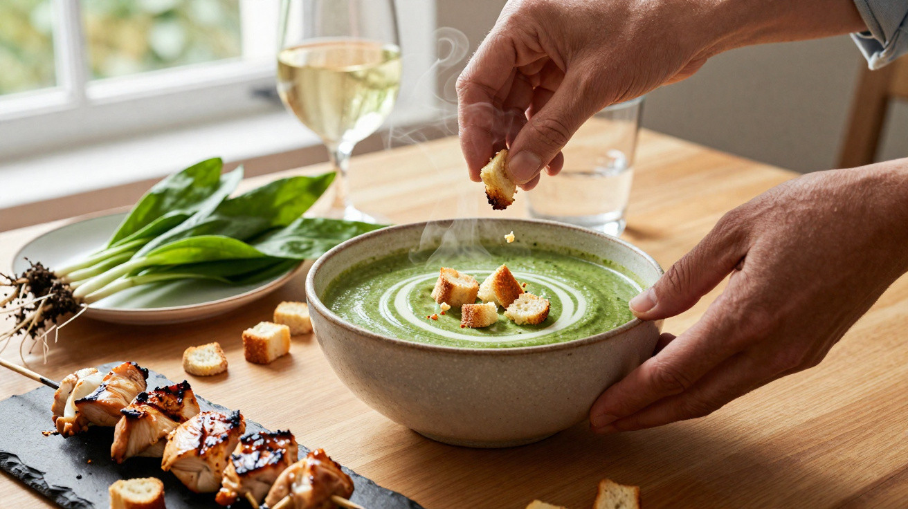 Mãos adicionando croutons em sopa verde com espinafre, espetinhos de frango e xícara de vinho branco ao fundo.