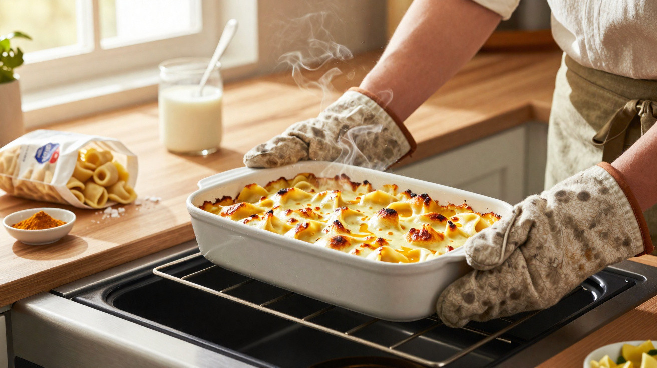 Pessoa retirando lasanha gratinada quente do forno com luvas térmicas em cozinha iluminada.