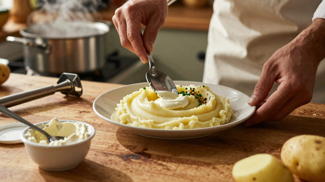 Pessoa colocando creme em purê de batatas decorado com caviar em prato branco na cozinha.